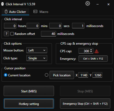 Auto Clicker interval, click, position, and safety controls